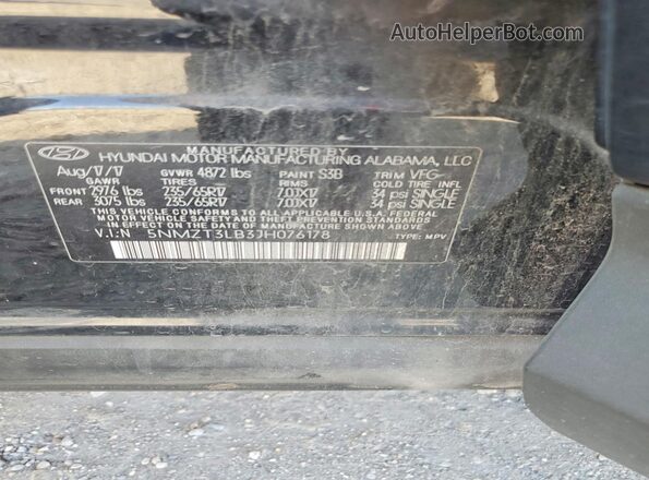 5NMZT3LB3JH076178 2018 HYUNDAI SANTA FE Black VIN sticker view