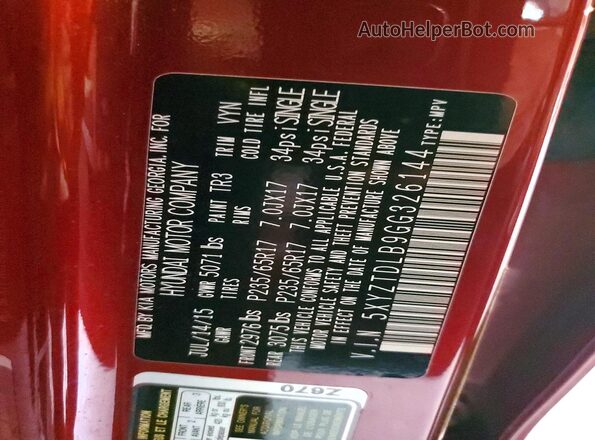 5XYZTDLB9GG326144 2016 HYUNDAI SANTA Burgundy Widok wnętrza 360 stopni