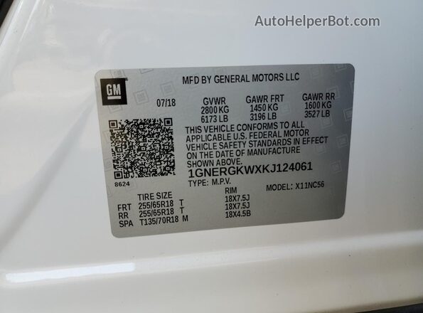 1GNERGKWXKJ124061 2019 CHEVROLET TRAVERSE White 