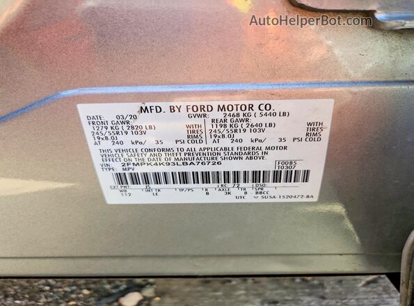 2FMPK4K93LBA76726 2020 FORD EDGE Silver Սալոնի 360 աստիճան տեսք