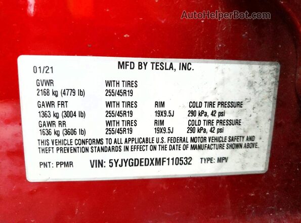 5YJYGDEDXMF110532 2021 TESLA MODEL Red VIN sticker view