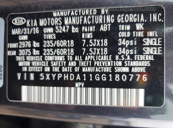 5XYPHDA11GG180776 2016 KIA SORENTO Gray 