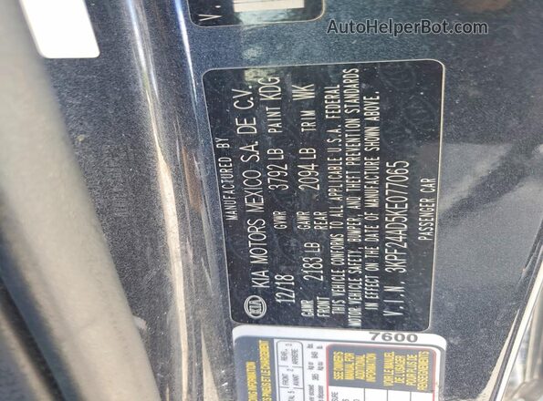 3KPF24AD5KE077065 2019 KIA FORTE Charcoal Widok naklejki z numerem VIN