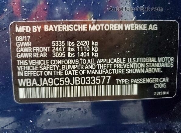 WBAJA9C59JB033577 2018 BMW 5 SERIES Blue VIN կոդի պիտակի տեսք