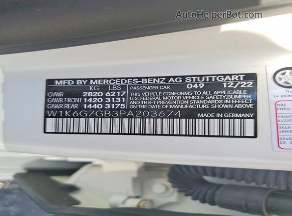 W1K6G7GB3PA203674 2023 MERCEDES-BENZ S White Widok naklejki z numerem VIN