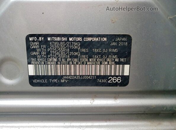 JA4AD2A35JJ004211 2018 MITSUBISHI OUTLANDER Silver Вид наклейки з VIN-кодом