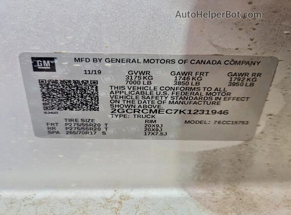 2GCRCMEC7K1231946 2019 CHEVROLET SILVERADO Silver Вид наклейки з VIN-кодом