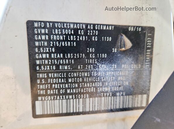 WVGBV7AXXHW510908 2017 VOLKSWAGEN TIGUAN Белый Вид наклейки с VIN-кодом