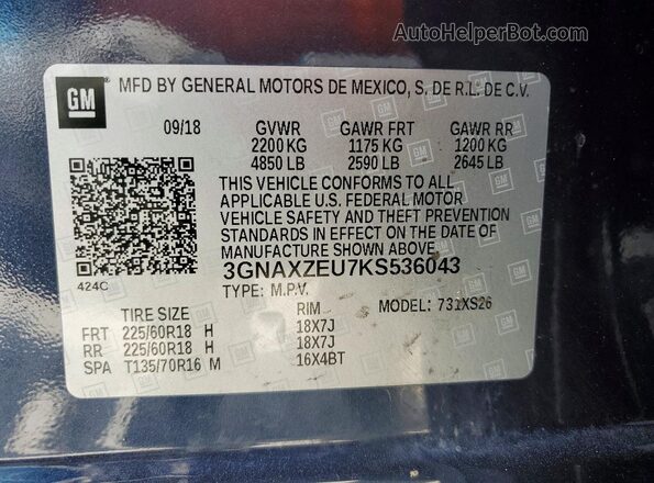 3GNAXZEU7KS536043 2019 CHEVROLET EQUINOX Blue 360 interior view