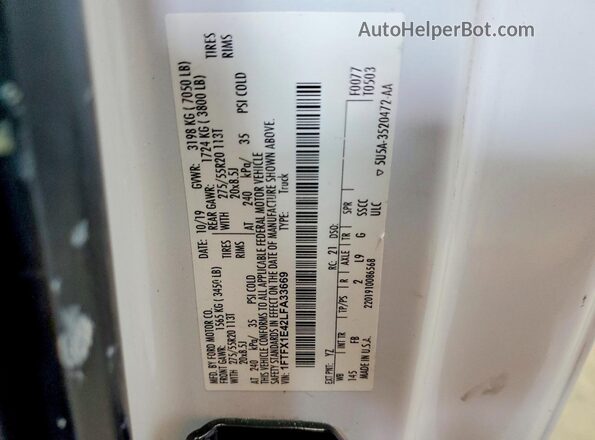 1FTFX1E42LFA33669 2020 FORD F150 White VIN კოდის სტიკერის ხედი