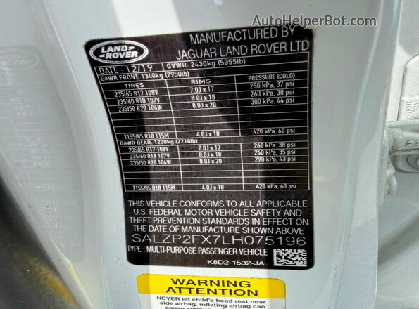 SALZP2FX7LH075196 2020 LAND ROVER RANGE White Rear interior view