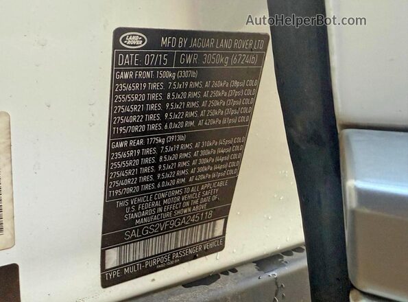 SALGS2VF9GA245118 2016 LAND ROVER RANGE White Rear interior view