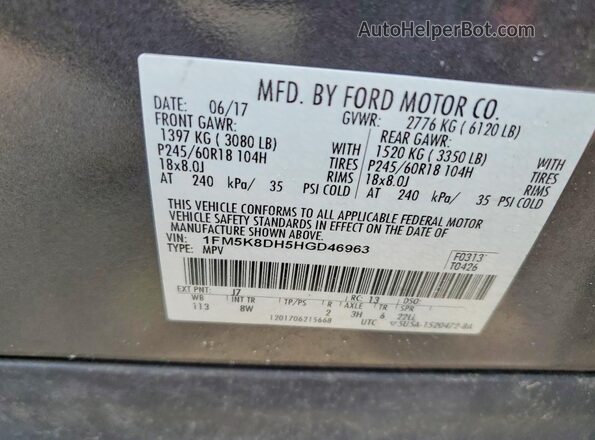 1FM5K8DH5HGD46963 2017 FORD EXPLORER Gray 360 interior view