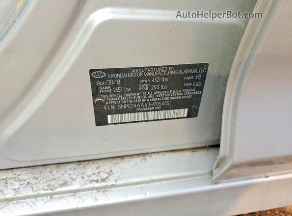 5NPE24AAXJH705455 2018 HYUNDAI SONATA Silver VIN կոդի պիտակի տեսք