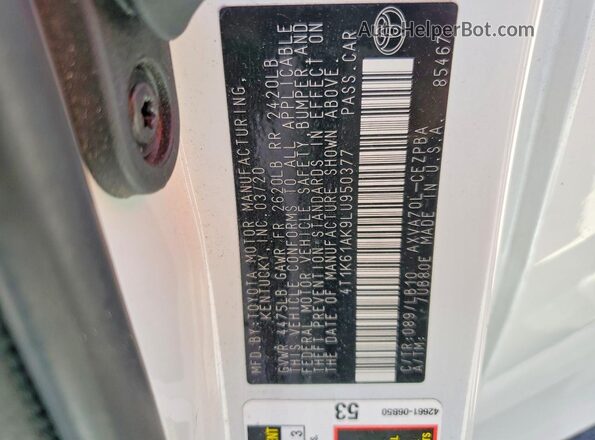 4T1K61AK9LU950377 2020 TOYOTA CAMRY Белый Вид наклейки с VIN-кодом