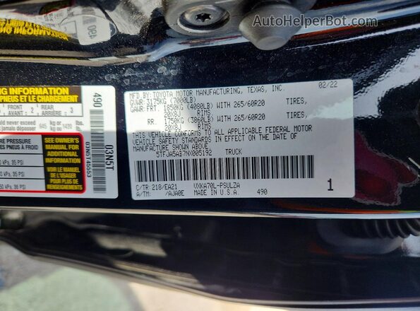 5TFJA5AB7NX005192 2022 TOYOTA TUNDRA Black VIN sticker view