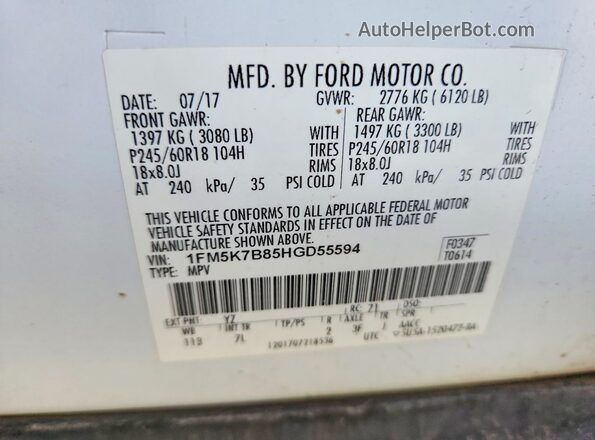1FM5K7B85HGD55594 2017 FORD EXPLORER White სალონის 360-გრადუსიანი ხედი