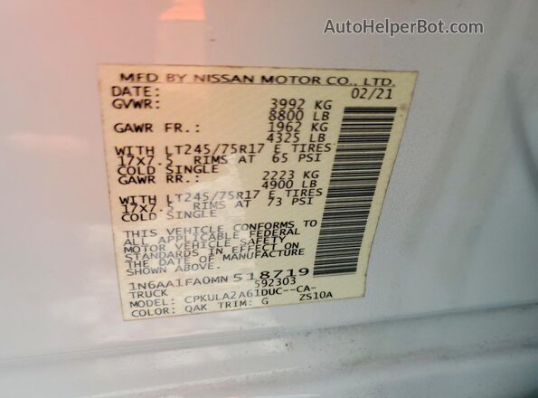 1N6AA1FA0MN518719 2021 NISSAN TITAN White VIN sticker view