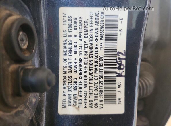 19XFC2F56JE005826 2018 HONDA CIVIC Угольный Вид наклейки с VIN-кодом