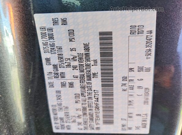 1FTEW1EG8HFA47317 2017 FORD F150 Charcoal VIN sticker view