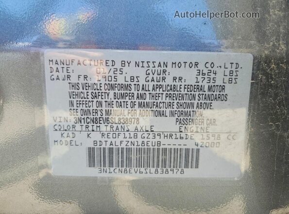 3N1CN8EV6SL838978 2025 NISSAN VERSA Gray VIN sticker view