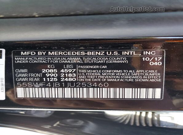 55SWF4JB1JU253460 2018 MERCEDES-BENZ C Black Widok naklejki z numerem VIN
