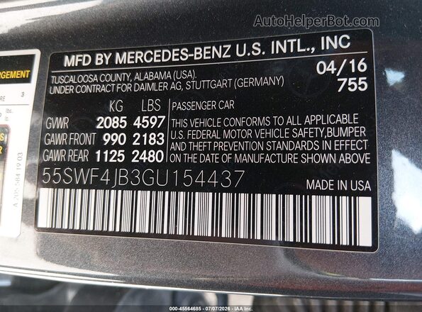 55SWF4JB3GU154437 2016 MERCEDES-BENZ C-CLASS Gray Vista del compartimento del motor