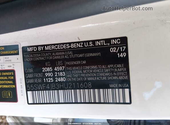 55SWF4JB3HU211608 2017 MERCEDES-BENZ C-CLASS White Widok komory silnika