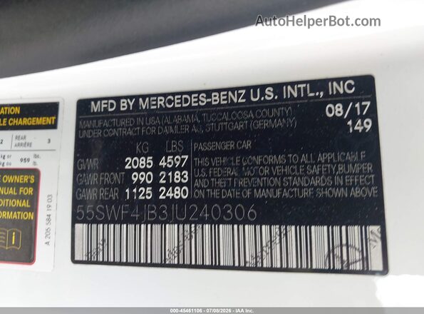 55SWF4JB3JU240306 2018 MERCEDES-BENZ C-CLASS White Շարժիչի բաժամունքի տեսք