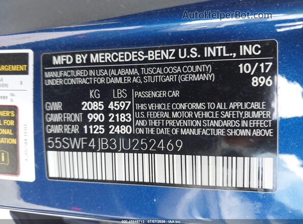 55SWF4JB3JU252469 2018 MERCEDES-BENZ C-CLASS Blue Vista del compartimento del motor
