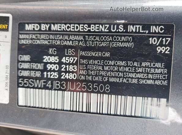 55SWF4JB3JU253508 2018 MERCEDES-BENZ C Gray VIN კოდის სტიკერის ხედი