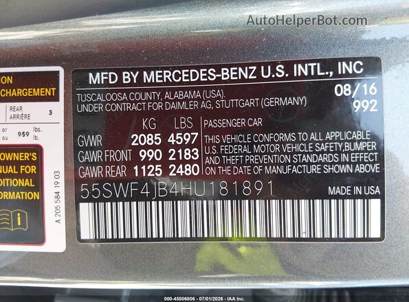 55SWF4JB4HU181891 2017 MERCEDES-BENZ C-CLASS Light Blue Widok komory silnika