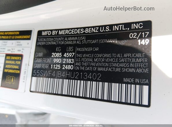 55SWF4JB4HU213402 2017 MERCEDES-BENZ C-CLASS White Vista del compartimento del motor