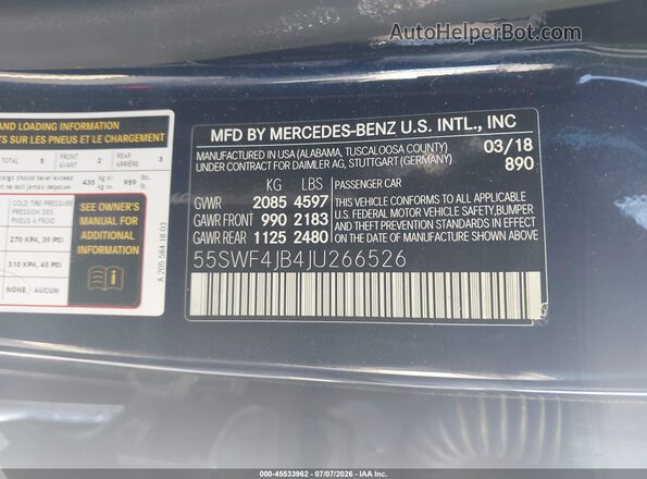 55SWF4JB4JU266526 2018 MERCEDES-BENZ C-CLASS Dark Blue Vista del compartimento del motor