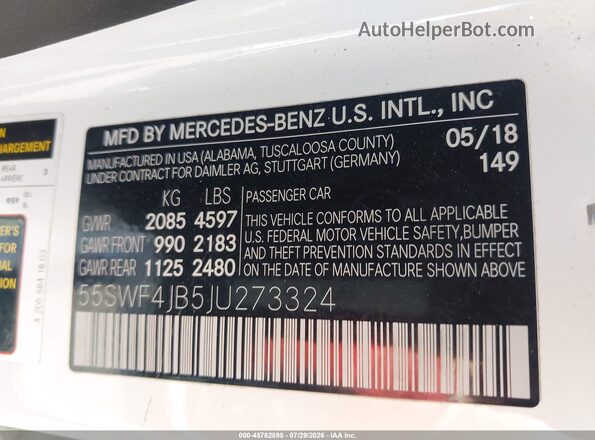 55SWF4JB5JU273324 2018 MERCEDES-BENZ C-CLASS White Vista del compartimento del motor