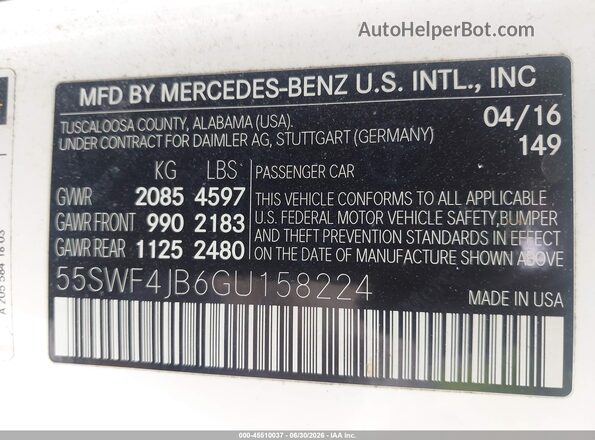 55SWF4JB6GU158224 2016 MERCEDES-BENZ C-CLASS White Vista del compartimento del motor