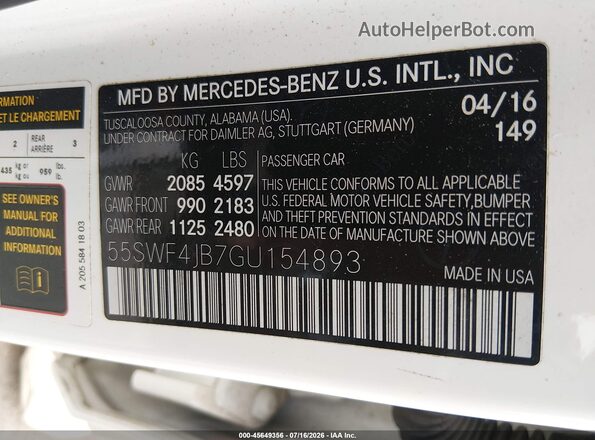 55SWF4JB7GU154893 2016 MERCEDES-BENZ C-CLASS White Вид підкапотного простору