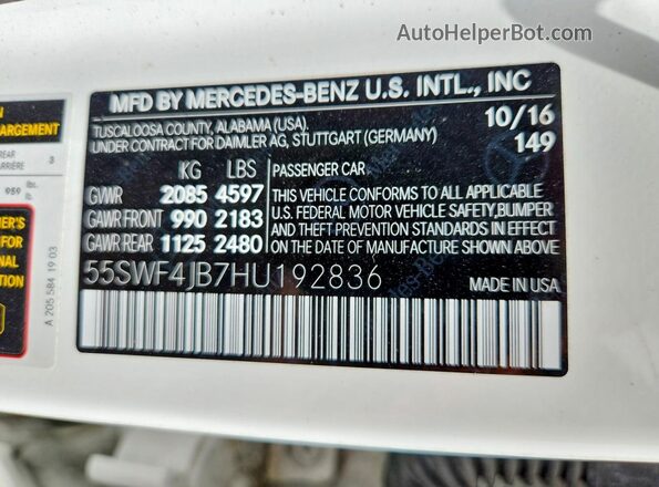 55SWF4JB7HU192836 2017 MERCEDES-BENZ C White VIN sticker view