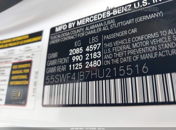 55SWF4JB7HU215516 2017 MERCEDES-BENZ C-CLASS White Vista del compartimento del motor