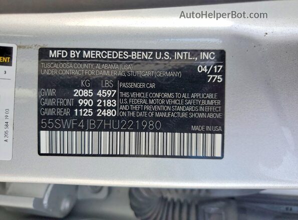 55SWF4JB7HU221980 2017 MERCEDES-BENZ C Серебряный Вид наклейки с VIN-кодом