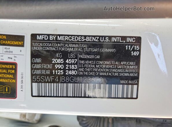 55SWF4JB8GU123670 2016 MERCEDES-BENZ C White Widok naklejki z numerem VIN