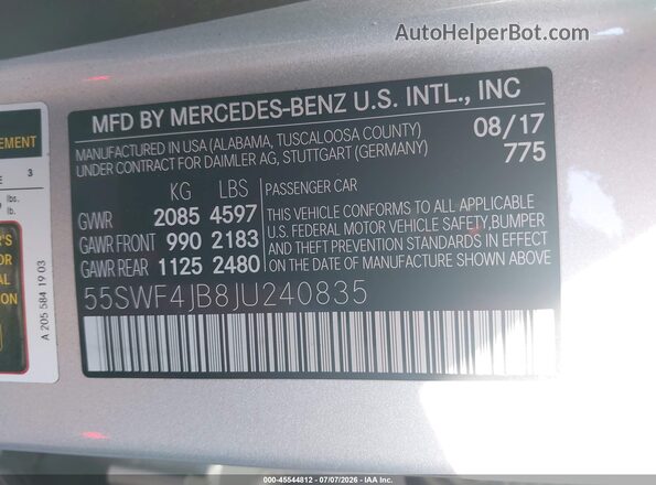 55SWF4JB8JU240835 2018 MERCEDES-BENZ C-CLASS Silver ძრავის განყოფილების ხედი