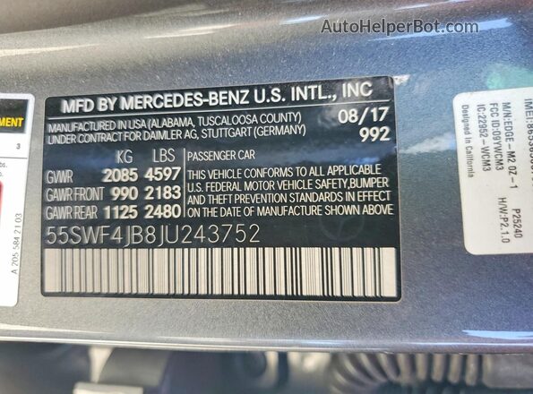 55SWF4JB8JU243752 2018 MERCEDES-BENZ C Gray Vista de la etiqueta del VIN