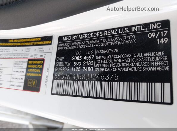 55SWF4JB8JU246375 2018 MERCEDES-BENZ C-CLASS White Engine compartment view