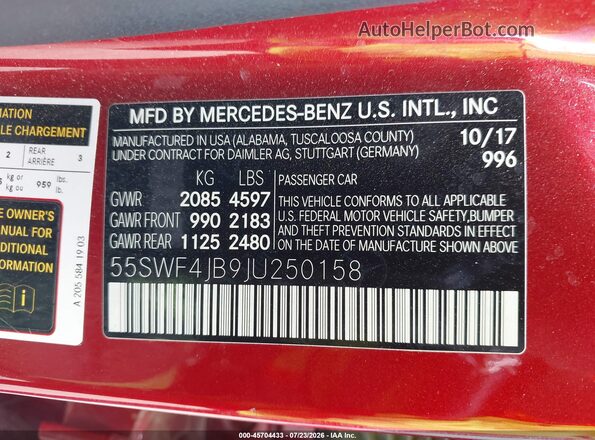 55SWF4JB9JU250158 2018 MERCEDES-BENZ C-CLASS Red Widok komory silnika
