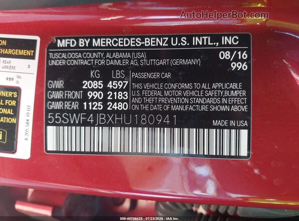 55SWF4JBXHU180941 2017 MERCEDES-BENZ C-CLASS Maroon Engine compartment view