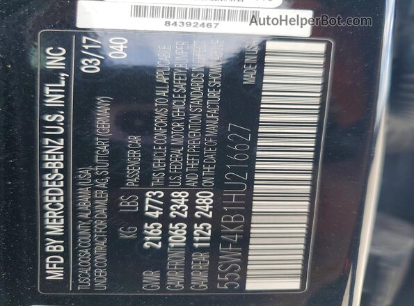 55SWF4KB1HU216627 2017 MERCEDES-BENZ C Black Widok naklejki z numerem VIN