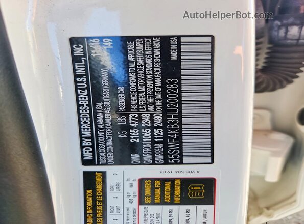 55SWF4KB3HU200283 2017 MERCEDES-BENZ C White Engine compartment view