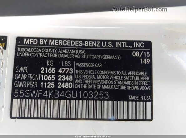 55SWF4KB4GU103253 2016 MERCEDES-BENZ C-CLASS White ძრავის განყოფილების ხედი