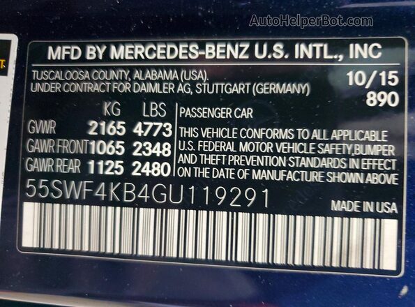55SWF4KB4GU119291 2016 MERCEDES-BENZ C Blue Widok naklejki z numerem VIN